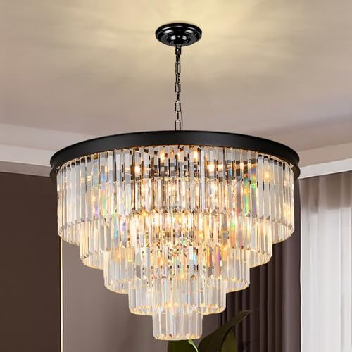 Depuley Modern Kronleuchter Kristall, 80cm Pendelleuchte Esstisch Schwarz,Rund Kristall Hängeleuchte Mit 5 Schichten aus Kristallglas, hängelampe für Wohnzimmer, Schlafzimmer, Restaurant, E14 x 15