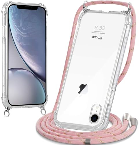 Oelrstfe handyband Hülle mit Band für iPhone XR, Handyband zum Umhängen Handy Umhängeband Transparent TPU Stoßfest Silikon Handyhülle mit Kette für iPhone XR, Rosa