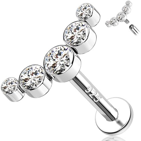 Melighting Helix-Ohrringe, 925er Sterlingsilber, gebogen, flache Rückseite, Innengewinde, 16 g, Tragus- und Knorpel-Ohrringe, Sterling Silber, Zirkonia