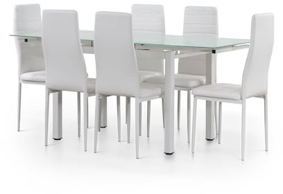 S & S Saldos y Stocks Mesa de Cristal Extensible 170cm + 6 Sillas Polipiel, Blanco