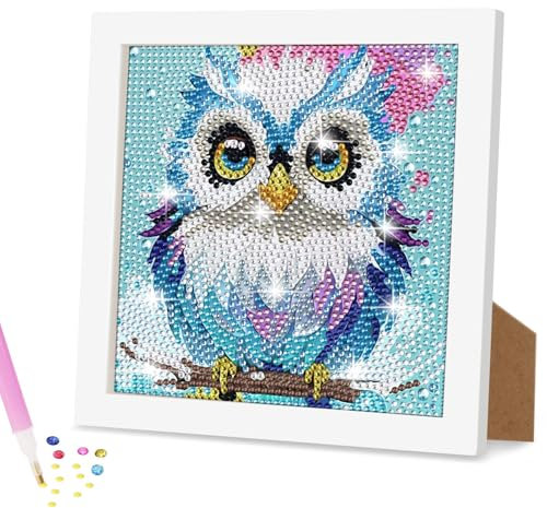Ainiv Diamond Painting Kinder mit Holzrahmen, 5D DIY Cartoon Diamond Painting Bilder, Malen Nach Zahlen Diamant Painting, DIY Diamant Painting Bilder Kinder Mädchen Tiere für Home Wand Decor-Eule