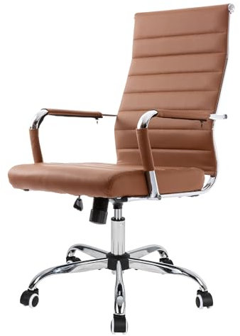 UEV Bürostuhl Ergonomisch Wippfunktion bis 150 kg belastbar Schreibtischstuhl mit Armlehne Drehstuhl Office Chair S-förmige Lendenwirbelstütze gepolsterter Sitz höhenverstellbar aus Kunstleder, braun