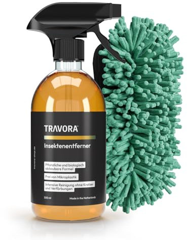 TRAVORA Premium Insekten Entferner Set inkl. Auto Schwamm - materialschonender Bio Caravan & Auto Insektenentferner mit Insektenschwamm - 500 ml biologisch abbaubarer Insektenreiniger & Autoschwamm