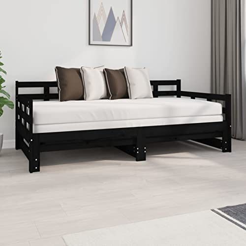 Homgoday Sofá Cama Extraíble Cama Convertible en Cama Individual Cama Divan Sofá Cama Matrimonio de Madera Estructura Sofás de salón Madera Maciza de Pino Negro 2X(90x190) cm
