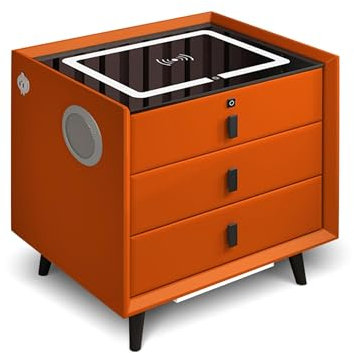 Modern Nightstand with Fingerprint Lock Drawer Charging Station LED Light Strip and Speakers Small Bedside Table with 3 Drawers (Orange)