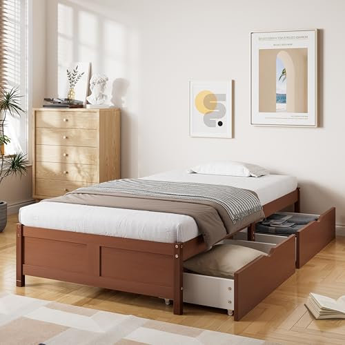 Kinderbett Einzelbett 90x200cm, Bett mit 2 Stauraum Schubladen und Lattenrost, Holzbett Stauraumbett Bettgestell Flachbett Jugendbett Gästebett Familienbett, Rahmen aus Kiefer, Ohne Matratze, Rotbraun