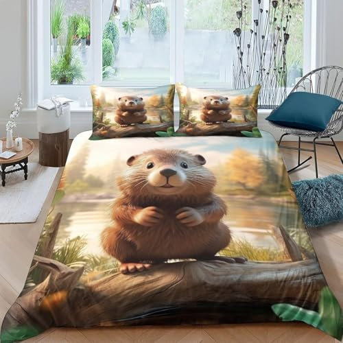 Tier Biber Bettwäsche Set - Bettbezug Und 2 Kissenbezug,Weich Mikrofaser,3D Gedruckte Dreiteiliger 135X200 cm Bettbezüge Für Erwachsene Teenager Kinder - Hypoallergene Tagesdecke -629969569