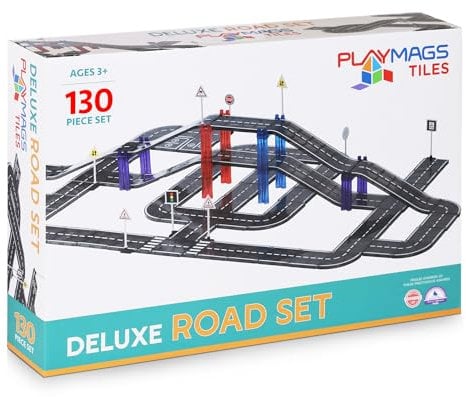 Playmags Magnetic Tiles Road Set Age 3+ for Kids - 130-Pieces Magnet Building Blocks Toy - Durable Creative STEM Learning Toys with Curved & Straight Car Race Track for Kids Ages 3+