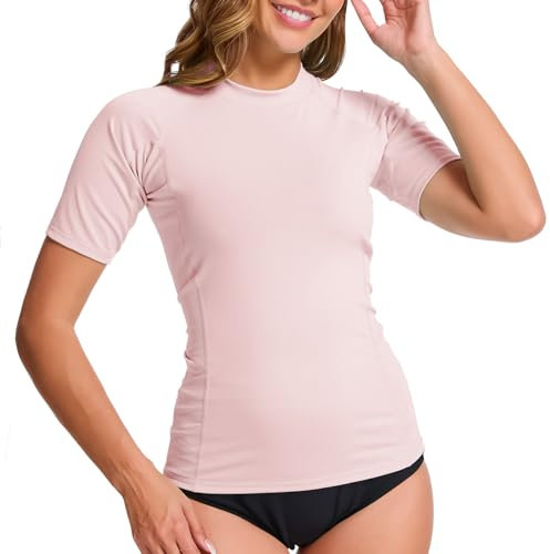 MEETWEE Women's Surf Rash Guard Sun Protection Swimsuit UV Protection Shirt UPF 50+ Short-Sleeve Swim Top Quick-Drying Swimming Sun Protection Shirt for Water Sports Nude Pink