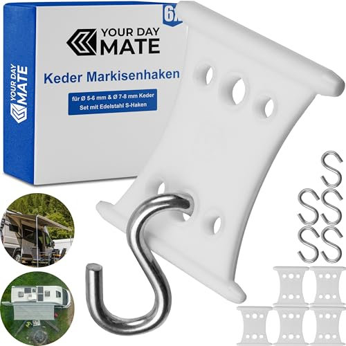 Awning hooks for piping rail, 6 pack, white, for piping rails with ∅5-6mm and ∅7-8mm, set of 6 x 45mm stainless steel S-hooks, caravan awning rack fastener, camping organizer strap, hanging catch