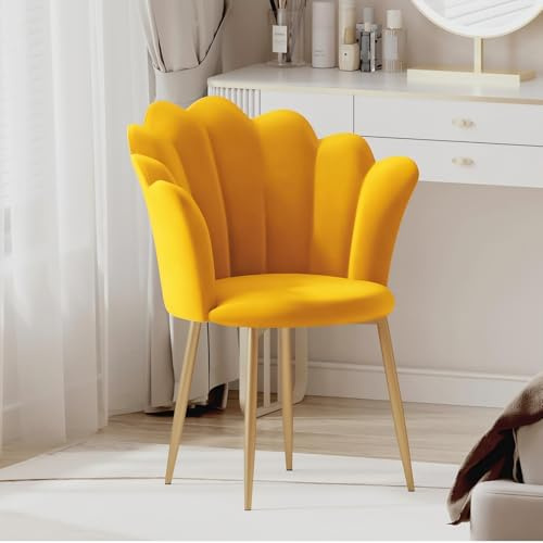 Armchair Tub Chair, Velvet Vanity Chair Shell Accent Chairs with Gold Plating Metal Legs, Leisure Single Sofa Dressing Chairs for Home, Office, Bedroom, Living Room, Dining Room, Yellow