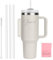 WALLFID 40oz Edelstahl Thermobecher, personalisierbar mit individuellem Namensaufdruck, vakuumisoliert mit Deckel, inkl. 3 Strohhalmen & Reinigungsbürste (Cremefarben)