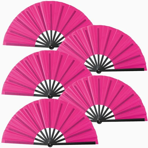 Oncpcare 5 Pcs Large Hand Fan in Bulk, Chinese Japanese Kung Fu Tai Chi Popping Clack Rave Handheld Folding Fans for Line Dancing (Rose Red)