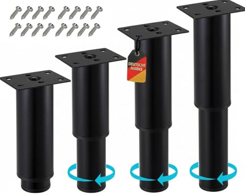 Stahlia Möbelfüße verstellbar Tischbeine Metall Schwarz 200-370mm (4er Set) Ø38mm Füße für Möbel Möbelerhöhung Schrankfüsse Sofa Füße Möbelbeine Bettfüße