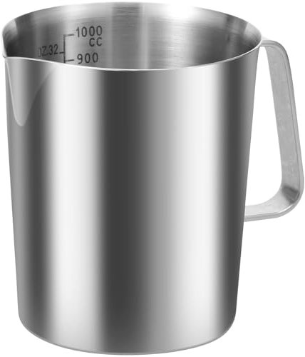 Stainless Steel Milk Jug 1000ml Milk Frother Cup with Clear Marking Rust Proof Large Mouth Metal Graduated Beaker with Handle Coffee Cappuccino Latte Art Barista Steam Pitchers for Coffee Lovers