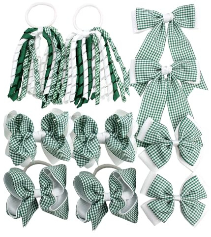 Umibow 10 Pcs Gingham School Hair Accessories Set Uniform Hair Bow Clips Back to School Checker Hair Ties Gingham Curly Hair Bows Bowknot Barrettes Ponytail Holders(Green)