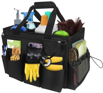 Panier de Nettoyage avec Poignée, 45x25x27cm Sac de Nettoyage Portable avec 11 Poches, Étanche Tissu Oxford Organiseur de Nettoyage Pliable Sac Produit Ménager Rangement Produits Menagers (Noir-2)