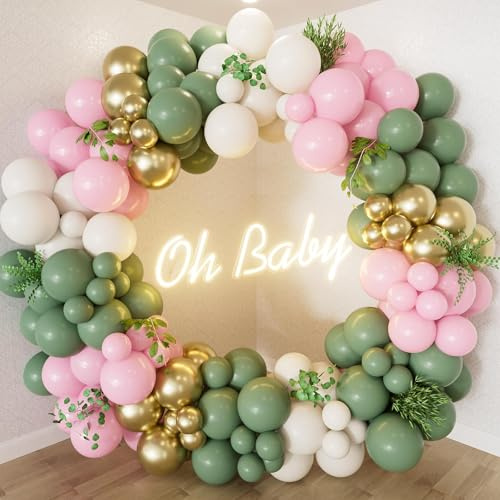 132Pcs Sage Green and Pink Balloon Arch Kit,Sage Green Pink Balloon Garland Arch Kit with Sand White Gold Balloons for Baby Shower Decoration,Birthday Party,Jungle Safari Party Decor