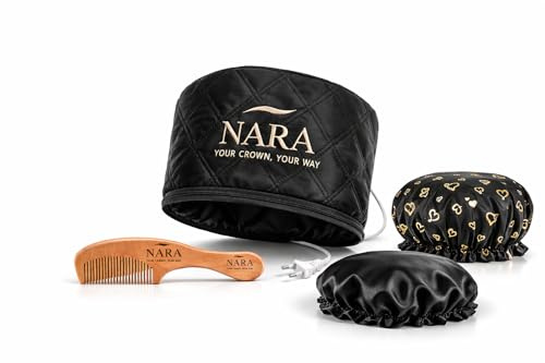 Casque Chauffant Cheveux NARA (Pack 4 en 1) - Soin Profond & Hydratation - Température Réglable - Pack Complet : Bonnet chauffant cheveux soin + Bonnet de nuit + Bonnet de douche + Peigne