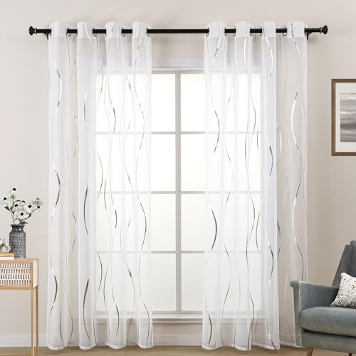 L.Z.E Silber Weiß Gardinen Vorhänge, Transparente Wellenmuster Gardine Vorhang für Wohnzimmer Schlafzimmer Arbeitszimmer, 2er Set Dekogardine Schal mit Ösen, 225 cm Lang (LZE2250E-S225)