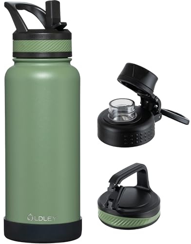 OLDLEY 1L Insulated Stainless Steel Water Bottle with Straw, Leakproof 1000ml Metal Water Bottles with 3 Lids & Handle, Double-Walled Vacuum Flask Keep Hot and Cold for Sports, Travel (Army Green)