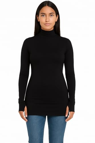 Missloved Women’s Roll Neck Stretch Top – Soft Viscose Elastane, Long Sleeves with Thumb Holes