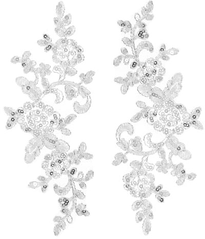 QUARKZMAN 2 Stück Blumen Spitze Applikationen 3D Stickerei Spitze Sequins Patch Nähen Zubehör Verzierungen Für Hochzeits Brautkleid Kleidung DIY Bastelaccessoires Deko Silber 24cm