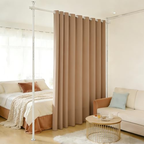 Eikuavons Raumteiler Paraventgestell Gardinenstangen, Freistehend Trennwand Paravent ohne Vorhang, Raumtrenner ohne Bohren, Sichtschutz für Schlafzimmer, 122–320 cm (H), 70–177 cm (B), Weiß