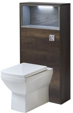 MILANO 600mm Dark Oak WC Unit LED Lit Shelf Toilet Chrome Flush | Engineered Wood Unit. Ceramic Toilet. Contemporary Style. Floorstanding Installation. Open Shelf Storage. Ready Assembled.