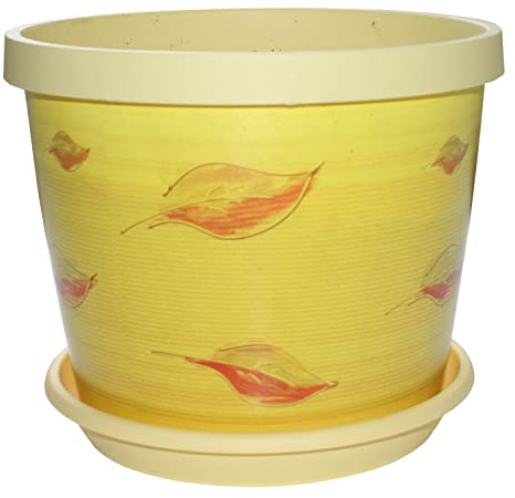 Home Garden Ornaments Keramo Plant Pots Indoor 22cm Diameter – House Plant Pot and Saucer with Original Yellow Leaves – Flower Pots Outside with Plant Saucer (Ø22cm, Yellow Leaves)