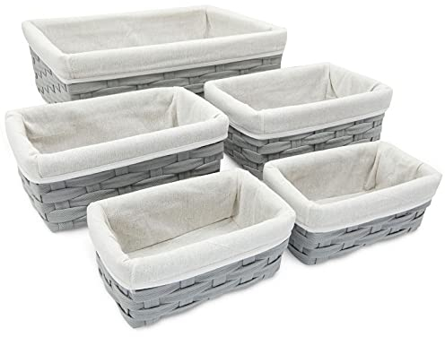 5 Pack Wicker Nesting Baskets with Cloth Lining for Pantry Shelves, Rectangular Storage Bins for Organising Closet (Grey, 3 Sizes)