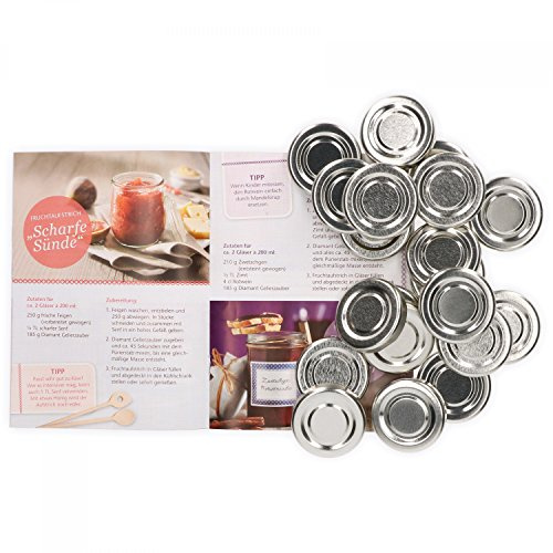 MamboCat 20er Set Deckel to 43, passend für 37 ml / 53 ml Gläser, Silber lackiert, Schraubdeckel für Sturzgläser, mit Gummidichtung incl. GRATIS Diamant-Zucker Rezeptheft