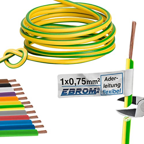 Cavo unipolare flessibile – Cavo in PVC – H05V-K 0,75 mm² – Colore: verde giallo 10 m/15 m/20 m/25 m/30 m/35 m/40 m/45 m/50 m/55 m/60 m fino a 100 m a scelta