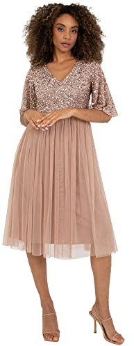 Maya Deluxe Damen Maya Deluxe Damen Midi Abendkleid Cocktailkleid Abschlussball V-ausschnitt Kurze Ärmel Tüllkleid Ele Bridesmaid Dress, Blush, 42 EU