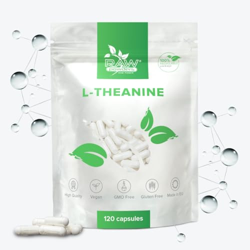 L-Theanine 200mg, 120 Kapslar – Stöd för avslappning, fokus och stressreducering – Rena ingredienser, GMO- och glutenfria, GMP-certifierat kosttillskott från Raw Powders
