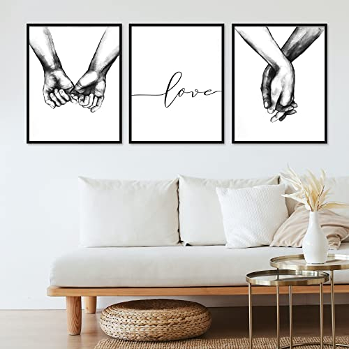 Poster Set, 3 Stück Wandbilder Hand in Hand, Halten Hände Machen Herz Nordic Poster Modern Schwarz Weiß Love Bilder Wandbilder Posterset für Wohnzimmer, Schlafzimmer Deko (Ohne Rahmen, 30x40cm )