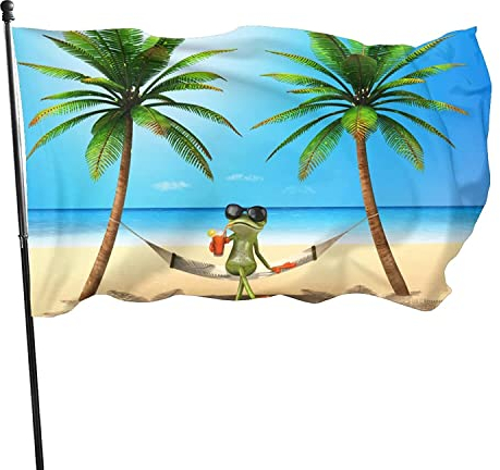 Dekorative Hausflagge, Hofbanner, Hammok, Frosch, Kröte, Insel, Ozean, Palme, Druck, Urlaub, Willkommensgarten, Rasen, hängende Dekoration, 90 x 150 cm (90x150cm)
