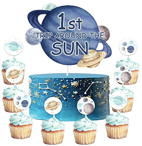 25 Stück First Trip Around The Sun Cake Topper und Outer Space Cupcake Topper – Universum Planet Kuchen Dekorationen für Jungen Galaxy Solar System 1st Birthday Party Supplies