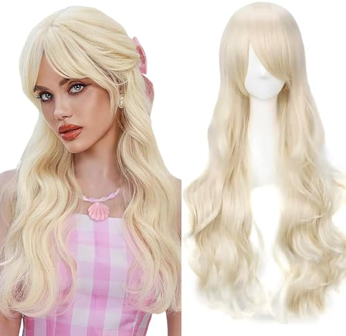 YEESHEDO Hell blondCosplay Perücke für Frauen Langes Gewelltes Haar Synthetische Perücken mit Pony für Halloween Party Kostüm Anime 32 Zoll 80 cm