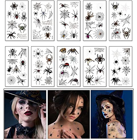 Halloween Tatuaggi Temporanei Ragni, 10 Fogli Ragno Tatuaggio Temporaneo,Ragnatela Tatuaggi temporanei per Halloween Mascherata Carnevale Costume Festa di Trucco
