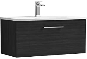 nuie ARN625G Arno Modern Bathroom Wall Hung 1 Drawer Vanity Unit with Curved Ceramic Basin, 800mm, Woodgrain Charcoal Black