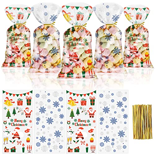 100 Stück Tüten Weihnachten, Plätzchentüten Weihnachten Klein, Bodenbeutel Weihnachten, Kekstüten Cellophantüten Geschenkverpackung Weihnachten Nikolaus Schneeflocke Pralinen Zellophan Tasche Befüllen