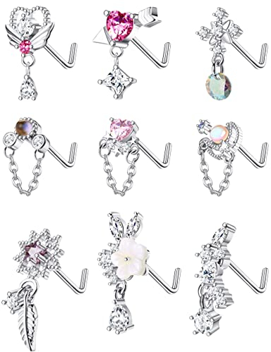 Kakonia 9 Stück 20G Baumeln Nasenpiercing Schmuck für Damen 316L Edelstahl Nasenpiercing Stecker Herz Pfeil Feder Schneeflocke Flügel CZ Dangling Nase Piercing Schmuck