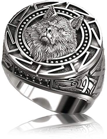 PikaLF Slawischer Wolfsring für Männer, Nordischer Wolfskopfring der nordischen Wikinger, Retro-Wolfs-Totemringe, Wolf-Siegelringe, Amulettring, Tierwolfschmuck für Männer Jungen (17.3)