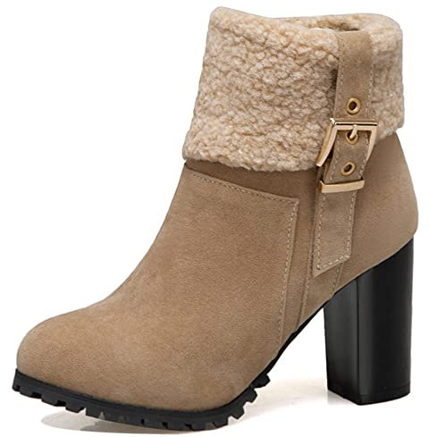 Stivaletti da Donna con Tacco a Blocco, Stivaletti Invernali Moda Zip Stivali Corti Tacco Alto Punta Rotonda Cuff 349 Beige Numero 33 EU
