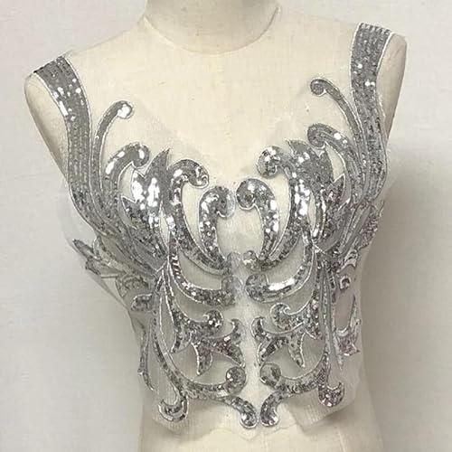 Yulakes Silber Stickerei Spitze Applikation Patch Silber Pailletten Spitze Ausschnitt Kragen Hochzeit edles Kleid Nähen DIY Brautkleid Dekoration Kleidung Zubehör