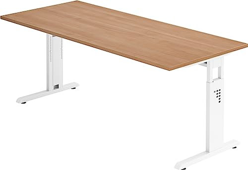 bümö höhenverstellbarer Schreibtisch O-Serie 180x80 cm in Nussbaum, Gestell in weiß - großer PC Tisch für's Büro manuell höhenverstellbar, Computertisch verstellbar