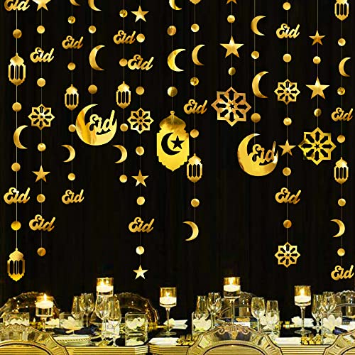 68Ft Eid Dekorationen Gold Eid Mubarak Girlande Eid Ramadan Hängender Hintergrund Anhänger Stern Mond Kreis Punkt Licht Form Streamer Ornament für Islam Muslim Eid Ramadan Hochzeit Geburtstag Party