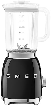 Smeg, BLF03BLEU, 1,5 l Standmixer, 4 -Geschwindigkeitsstufen, 4 Automikprogramme, Abnehmbare Doppelklinge, Deckelöffnung transparent mit Dosierkappe, rutschfest, 800W, Schwarz
