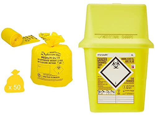 Hanfare CX50/CWMD2 Clinical Waste Bag, Medium Duty, Yellow (Pack of 50) & Frontier 41005430 Medical Sharps Disposal Bin/Box, 4 L